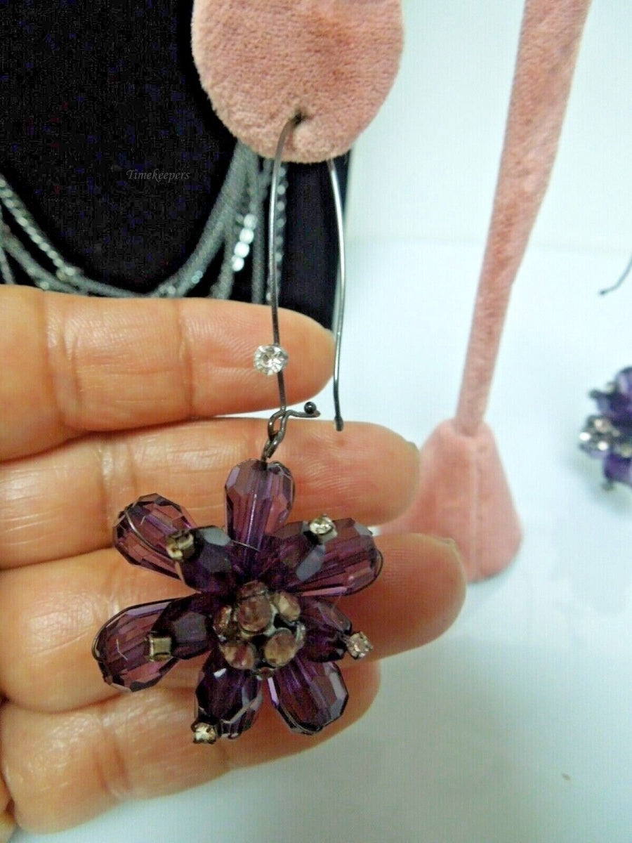 r891 Set of 4 fashion Jewelry Faux Purple Faceted Crystals Side Flower Necklace,Bracelet,Ring & Dangle Earrings