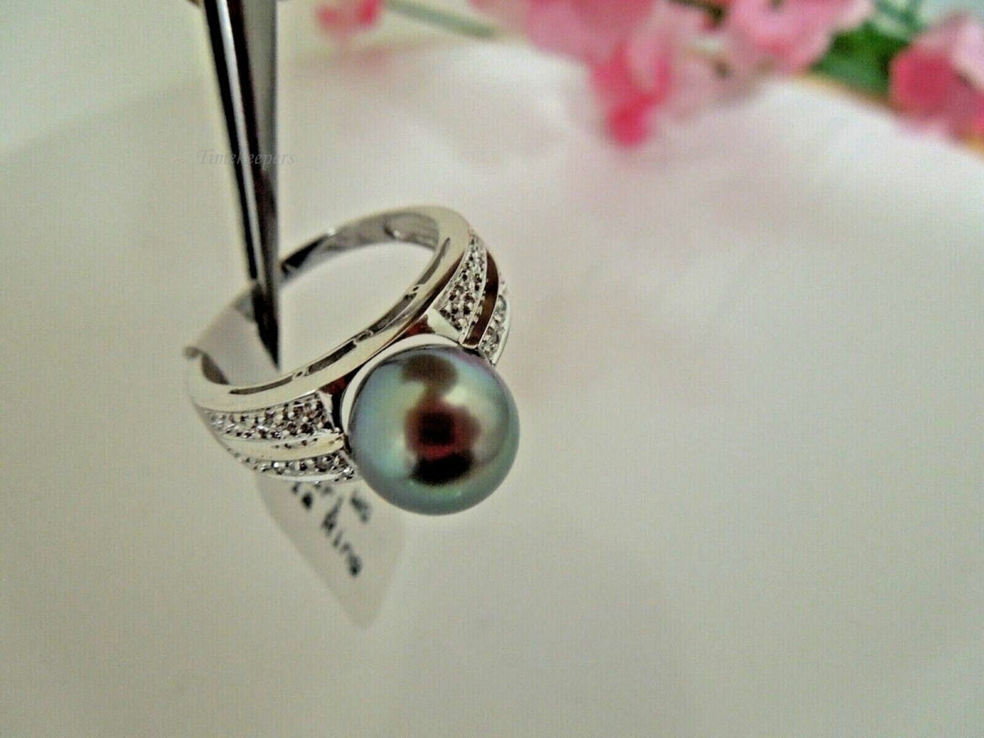 r926 14kt White Gold 9mm Tahitian Pearl and Diamond Ring Size 7 (USA) Signed 