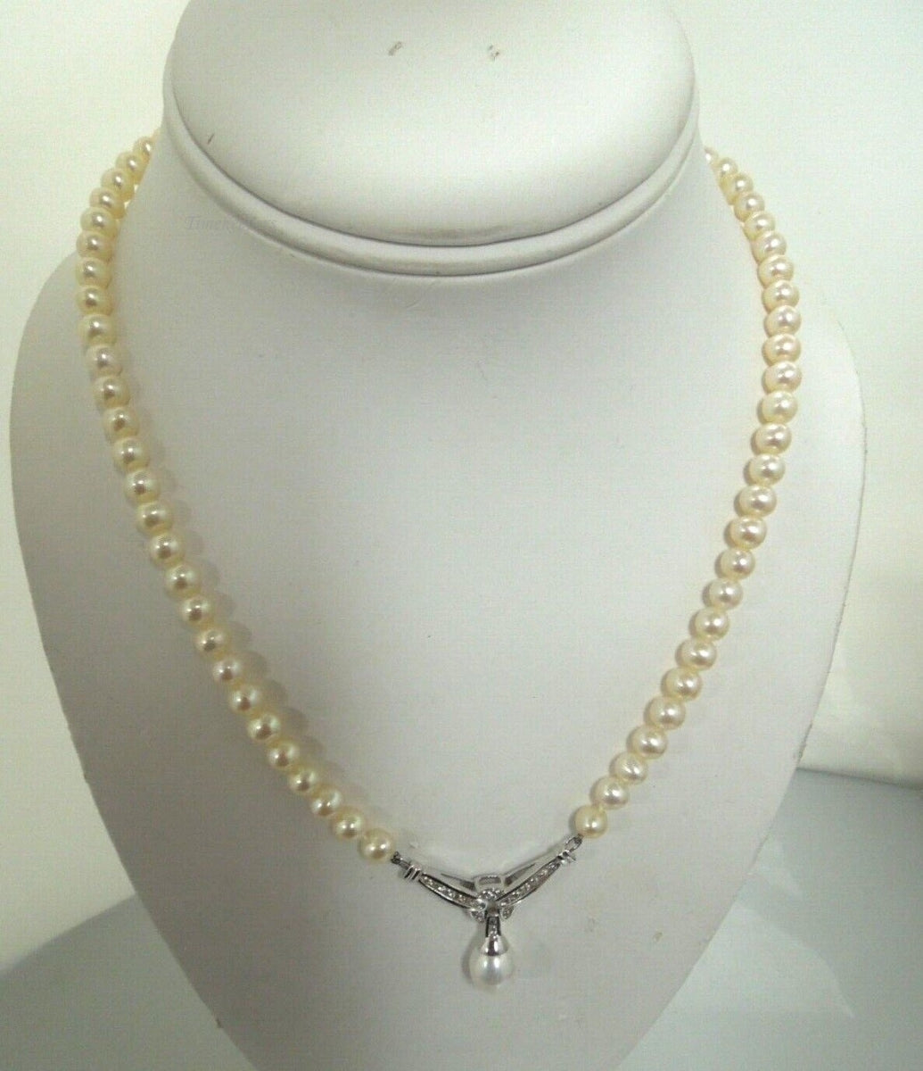 r985 Samuels 14kt White Gold Pearl Diamond Necklace 18" Signed Very Elegant