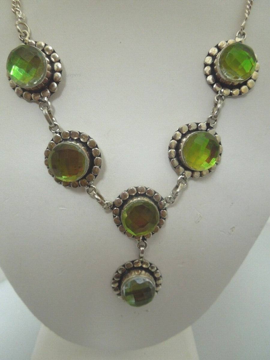 r621 Beautiful Necklace Faceted Peridot Green Color Glass Sterling Silver Pendant