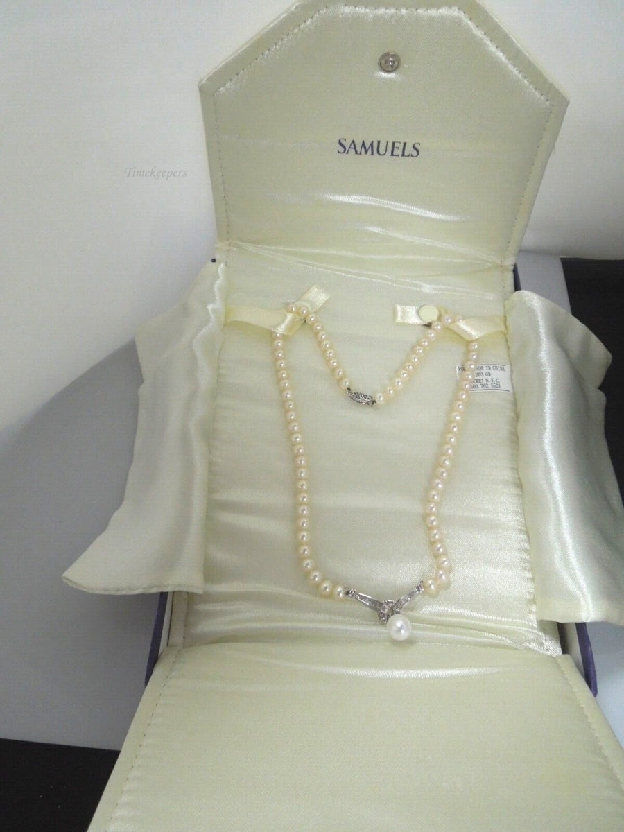 r985 Samuels 14kt White Gold Pearl Diamond Necklace 18" Signed Very Elegant