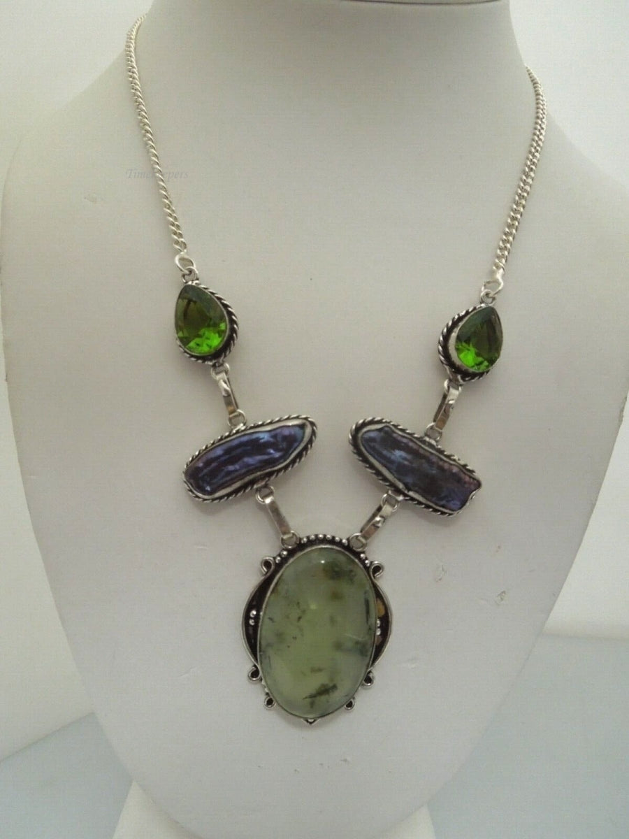 r622 Stunning Beautiful Necklace with prehnite stone,green glass stone and Baroque Pearls framed in Sterling Silver Pendant 20"