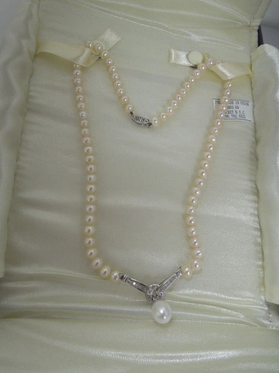 r985 Samuels 14kt White Gold Pearl Diamond Necklace 18" Signed Very Elegant