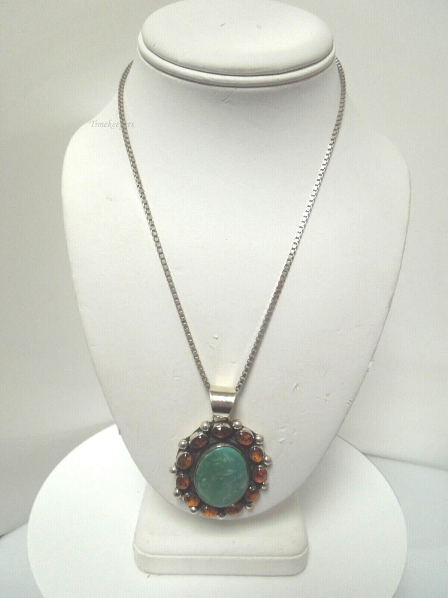 r996 Native American Sterling Silver Turquoise Tiger Eye Cluster Pendant Necklace 36g,21"