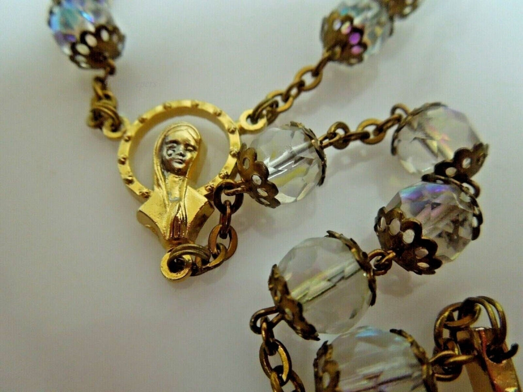 r357 Gold Plated Rosary Beads Necklace Cross Jesus Crucifix Virgin Mary Pendant Chain