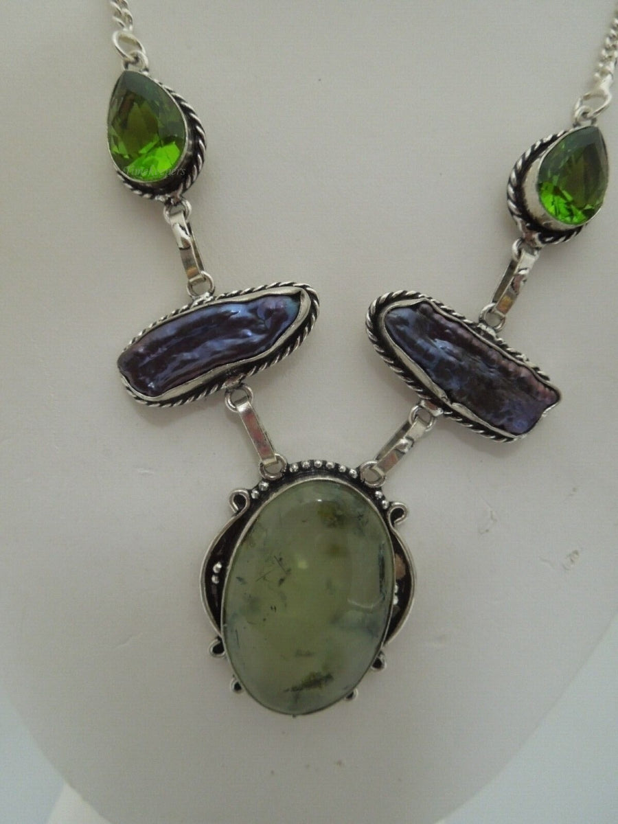 r622 Stunning Beautiful Necklace with prehnite stone,green glass stone and Baroque Pearls framed in Sterling Silver Pendant 20"