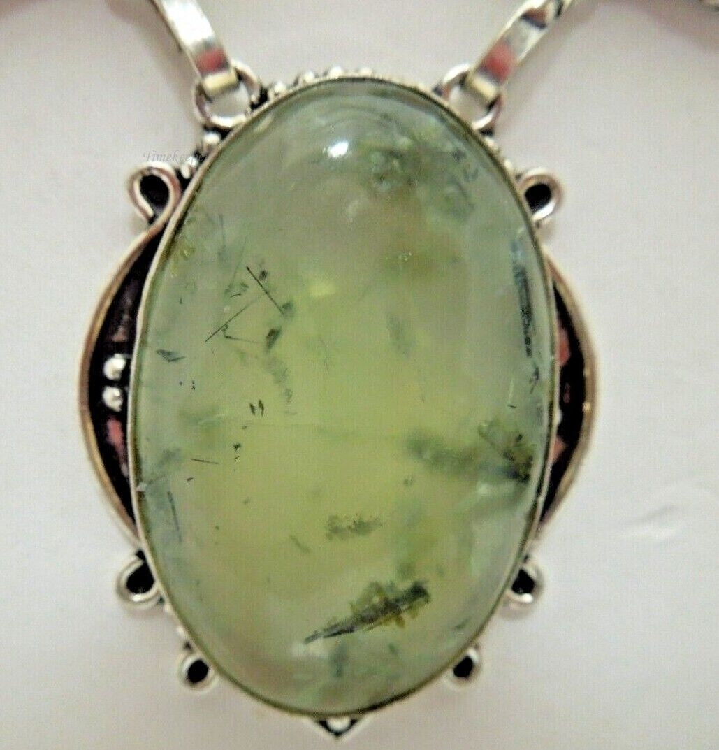 r622 Stunning Beautiful Necklace with prehnite stone,green glass stone and Baroque Pearls framed in Sterling Silver Pendant 20"