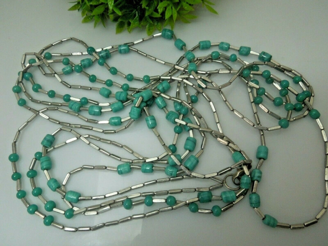 q779 Women  Fashion Long Silver Tone Necklace with Green beads