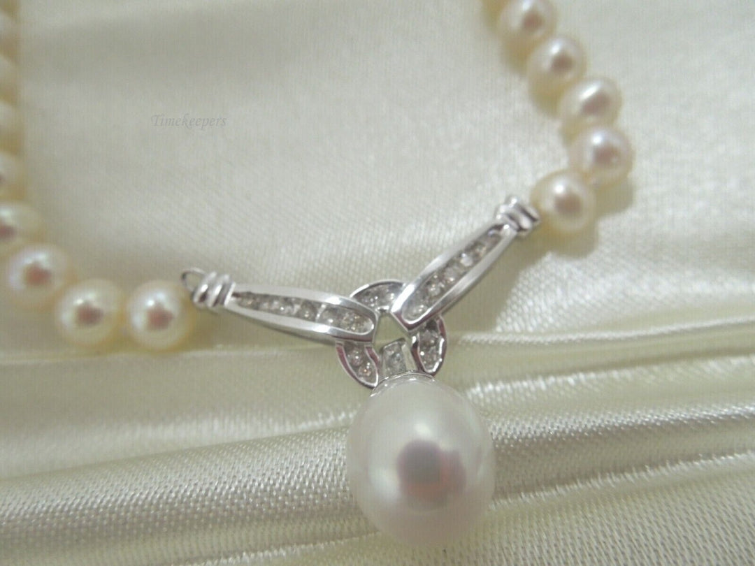 r985 Samuels 14kt White Gold Pearl Diamond Necklace 18" Signed Very Elegant