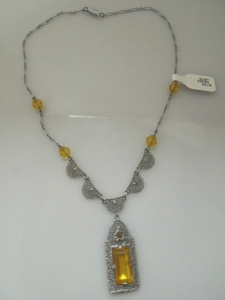 r536 Vintage Art Deco Necklace CITRINE Paste Filigree Pendant Necklace P S Co 17"