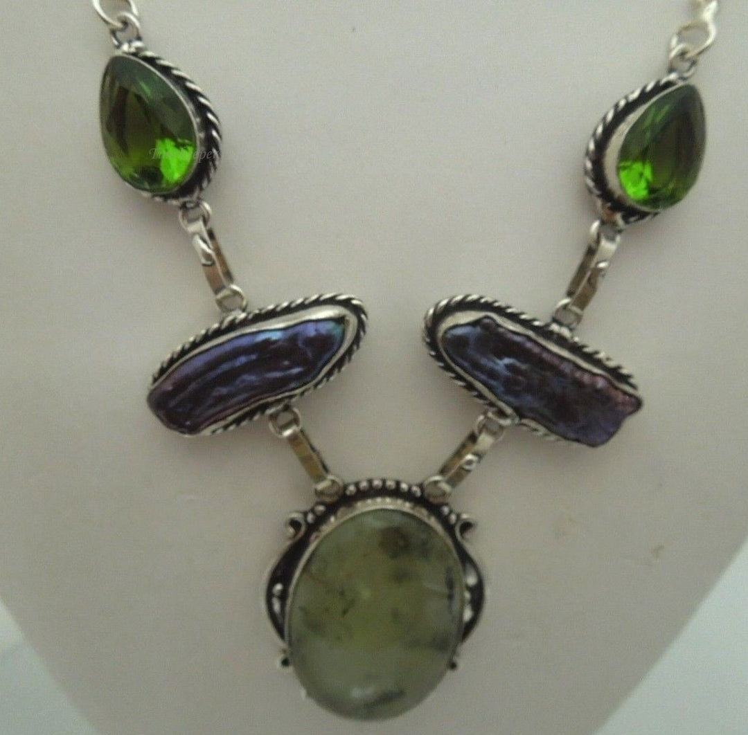 r622 Stunning Beautiful Necklace with prehnite stone,green glass stone and Baroque Pearls framed in Sterling Silver Pendant 20"