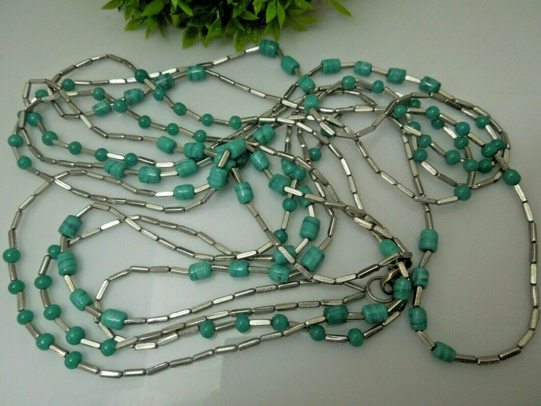 q779 Women  Fashion Long Silver Tone Necklace with Green beads