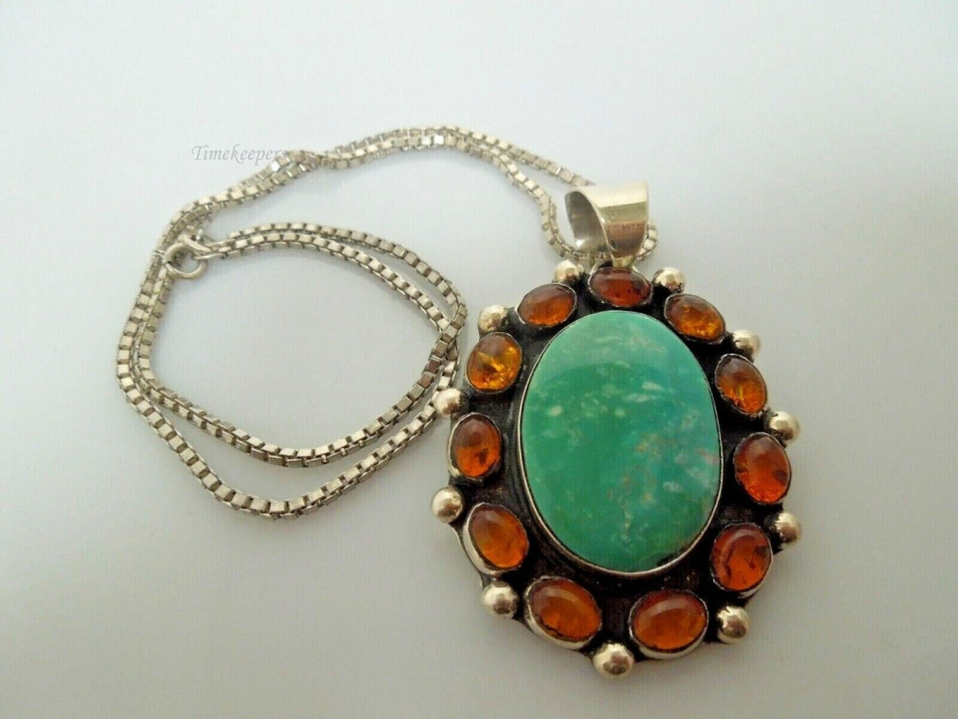 r996 Native American Sterling Silver Turquoise Tiger Eye Cluster Pendant Necklace 36g,21"