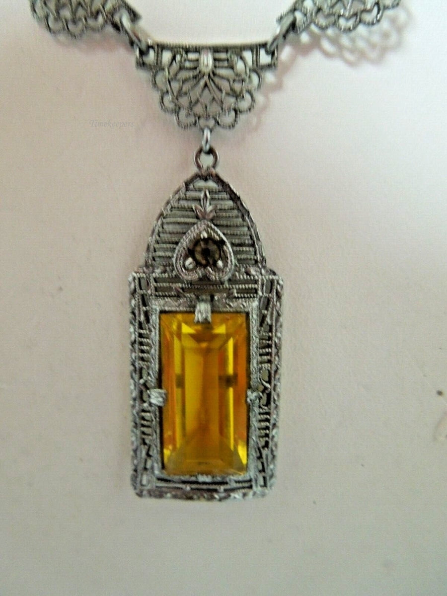 r536 Vintage Art Deco Necklace CITRINE Paste Filigree Pendant Necklace P S Co 17"