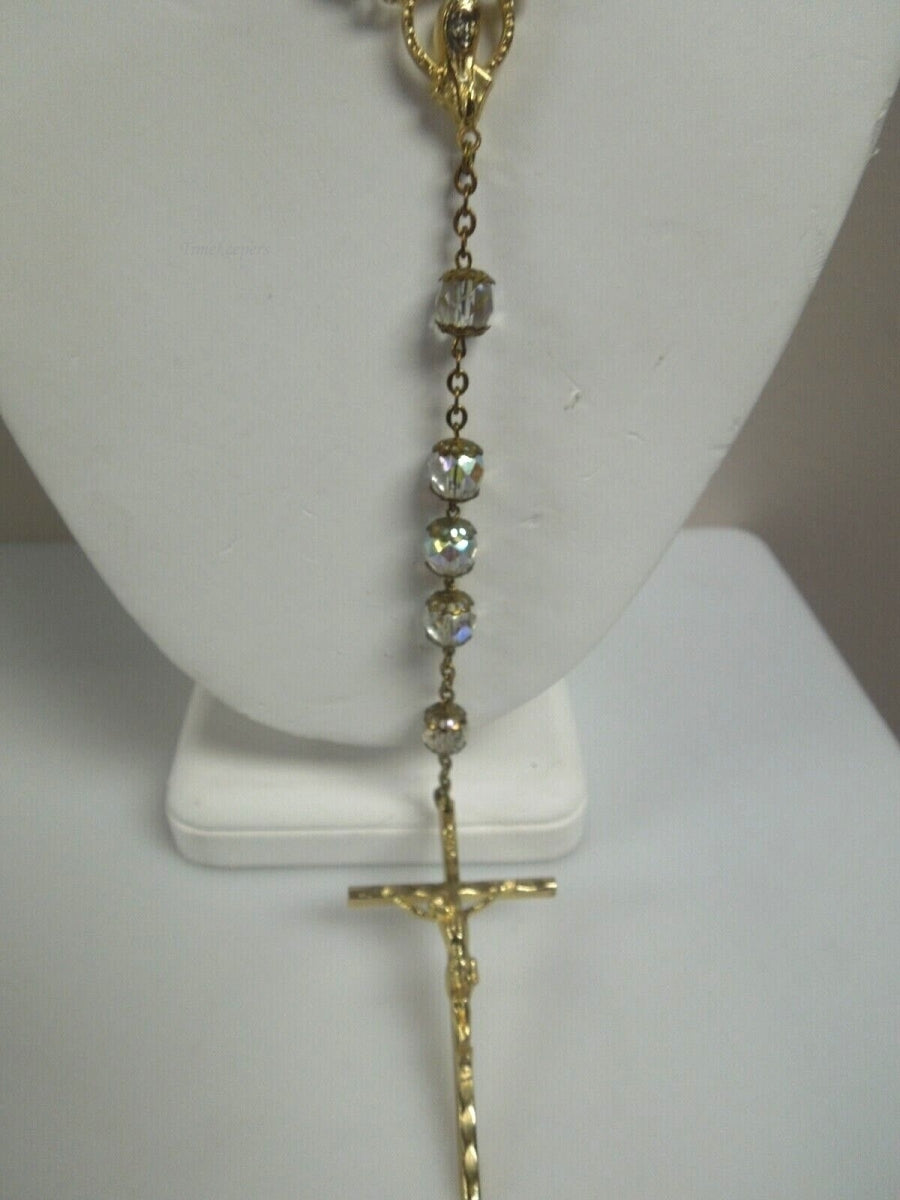 r357 Gold Plated Rosary Beads Necklace Cross Jesus Crucifix Virgin Mary Pendant Chain