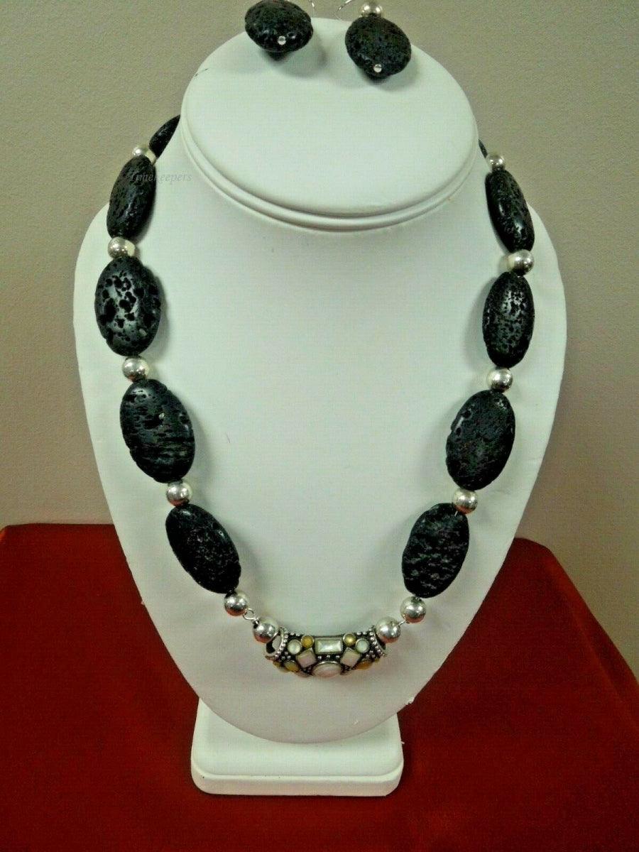 q780 Unique Black Lava Volcano Rock Sterling Silver Statement Necklace and Earrings Jewelry Set