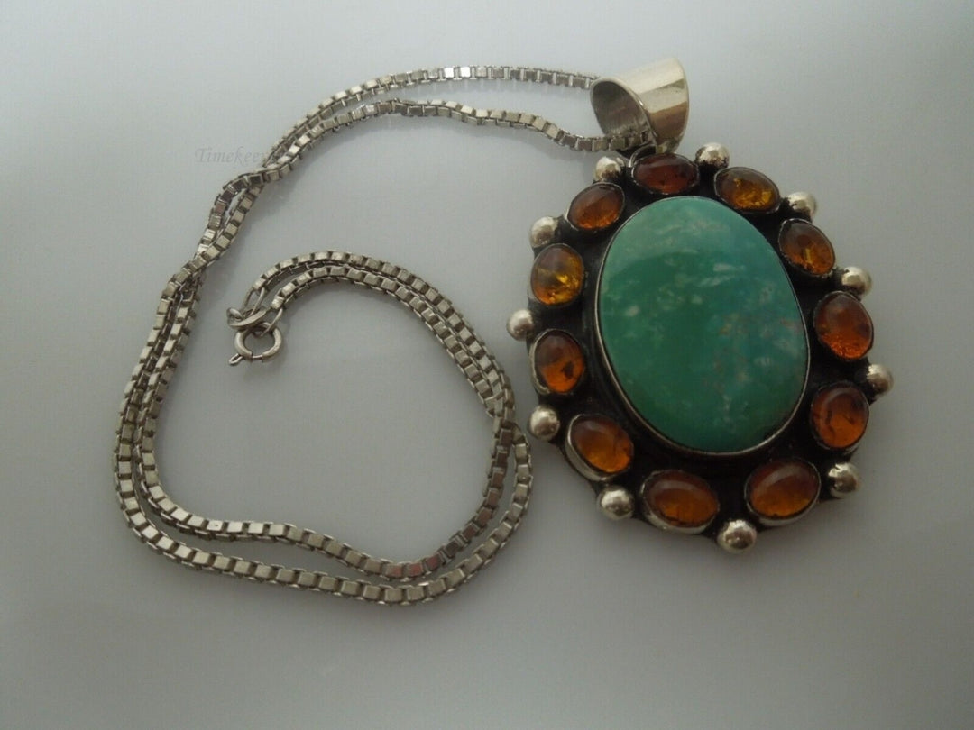 r996 Native American Sterling Silver Turquoise Tiger Eye Cluster Pendant Necklace 36g,21"