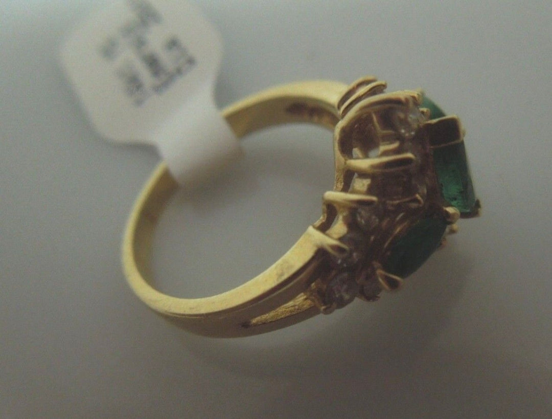 r852 14kt Yellow Gold Emerald Diamond Ring Size 4(USA) Signed 3.1g