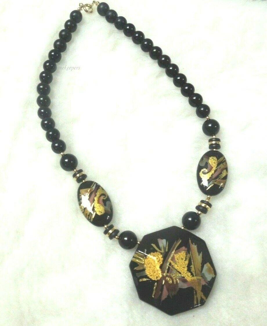 q592 Vintage Black Beaded Necklace Japan Signed Pendant Gold Accents Estate 18"