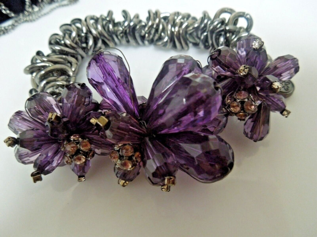 r891 Set of 4 fashion Jewelry Faux Purple Faceted Crystals Side Flower Necklace,Bracelet,Ring & Dangle Earrings