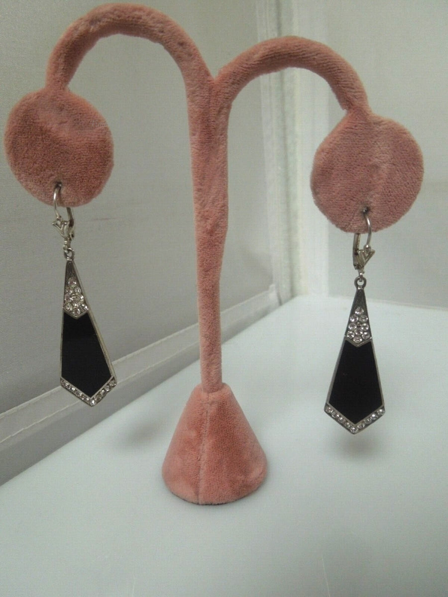 r455 Sterling Silver 925 Black Onyx rhinestones Dangle Earrings