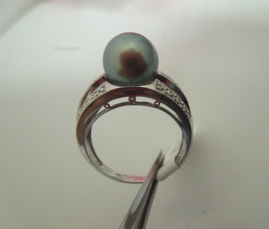 r926 14kt White Gold 9mm Tahitian Pearl and Diamond Ring Size 7 (USA) Signed 