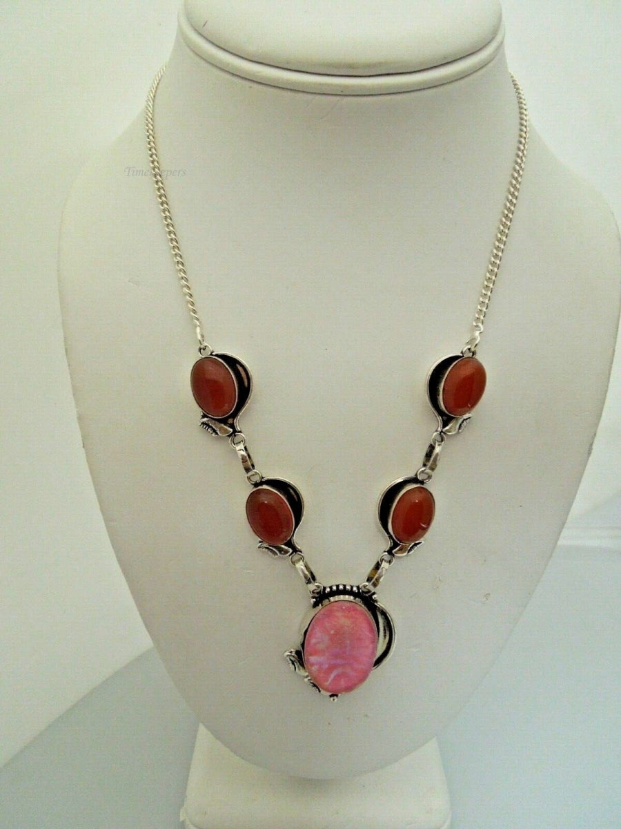 r623 Stunning Beautiful Necklace and Red Carnelian Gemstone and faux pink stone framed in Sterling Silver Pendant 20" 