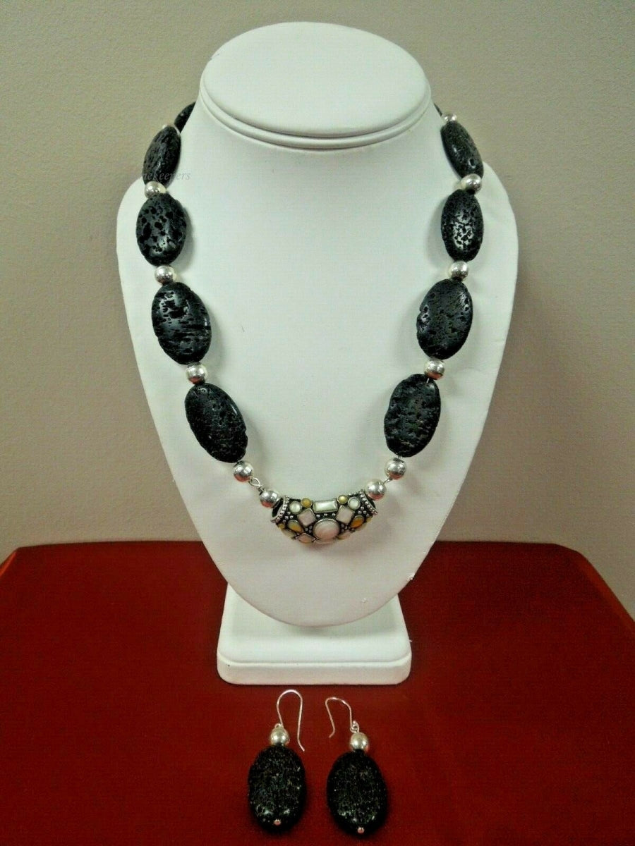 q780 Unique Black Lava Volcano Rock Sterling Silver Statement Necklace and Earrings Jewelry Set