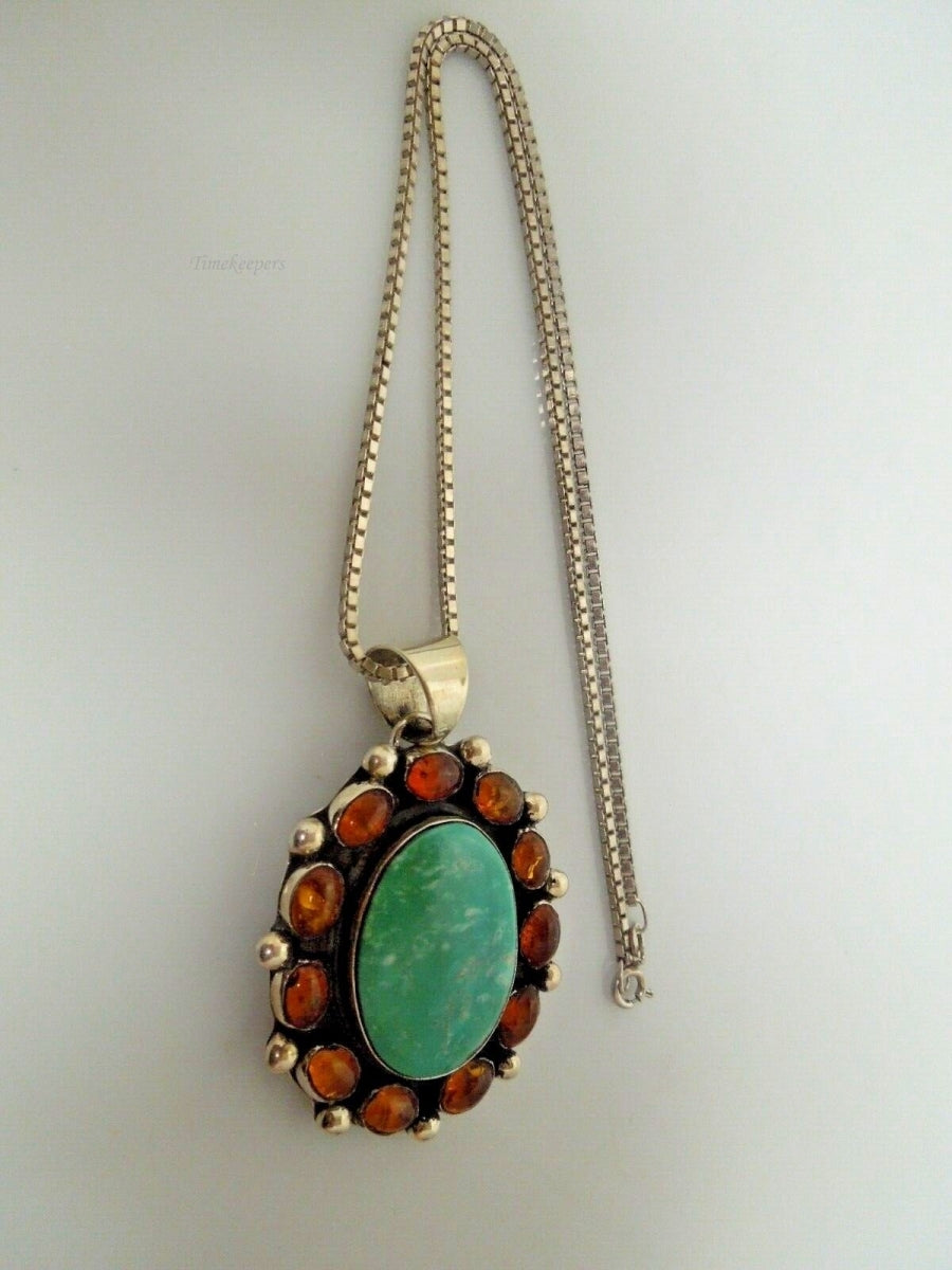 r996 Native American Sterling Silver Turquoise Tiger Eye Cluster Pendant Necklace 36g,21"