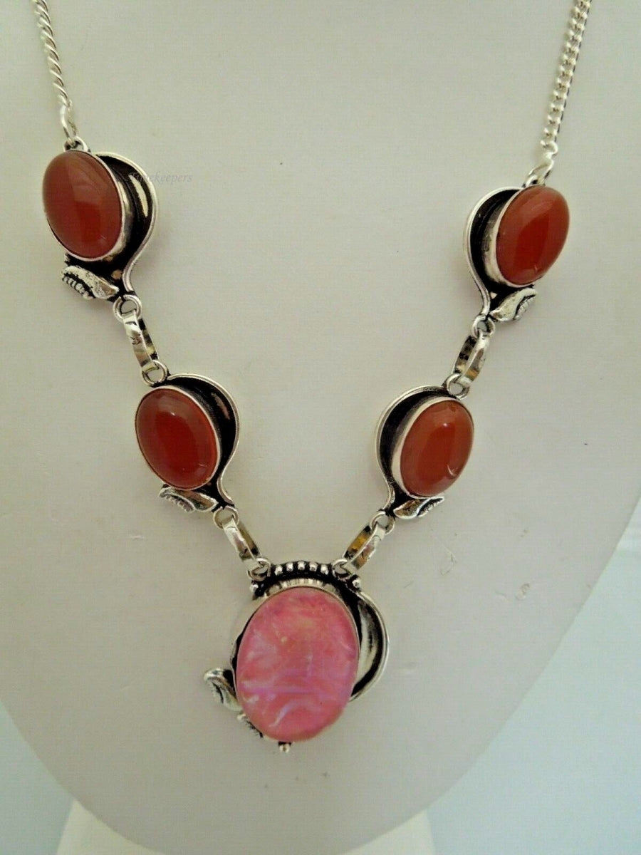 r623 Stunning Beautiful Necklace and Red Carnelian Gemstone and faux pink stone framed in Sterling Silver Pendant 20" 