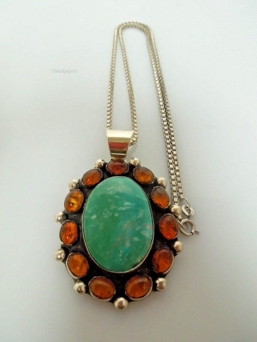 r996 Native American Sterling Silver Turquoise Tiger Eye Cluster Pendant Necklace 36g,21"