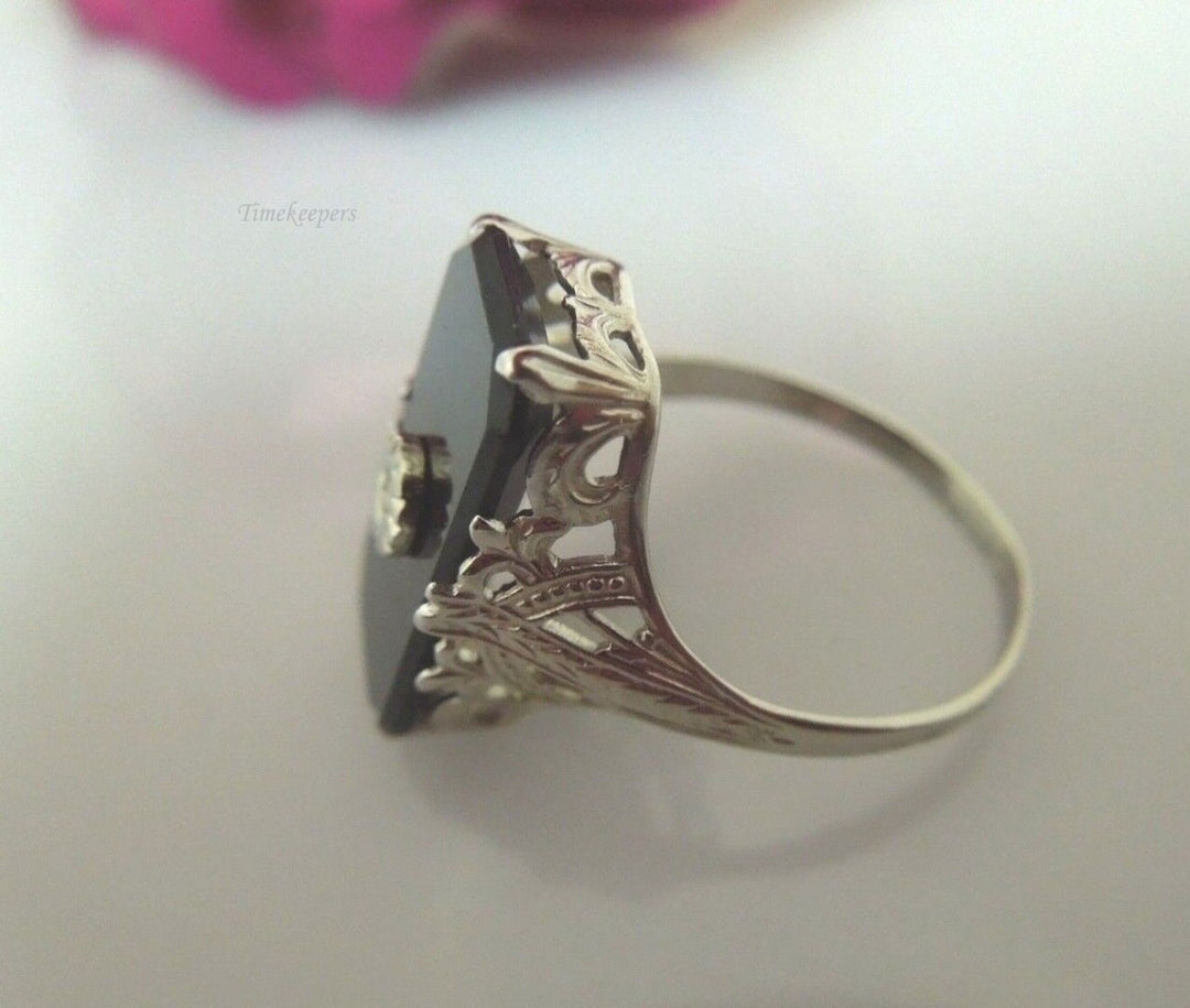 r759 14kt White Gold Onyx Filigree Ring Size 4.75 Signed