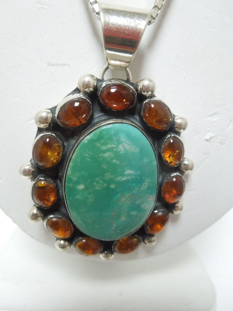 r996 Native American Sterling Silver Turquoise Tiger Eye Cluster Pendant Necklace 36g,21"