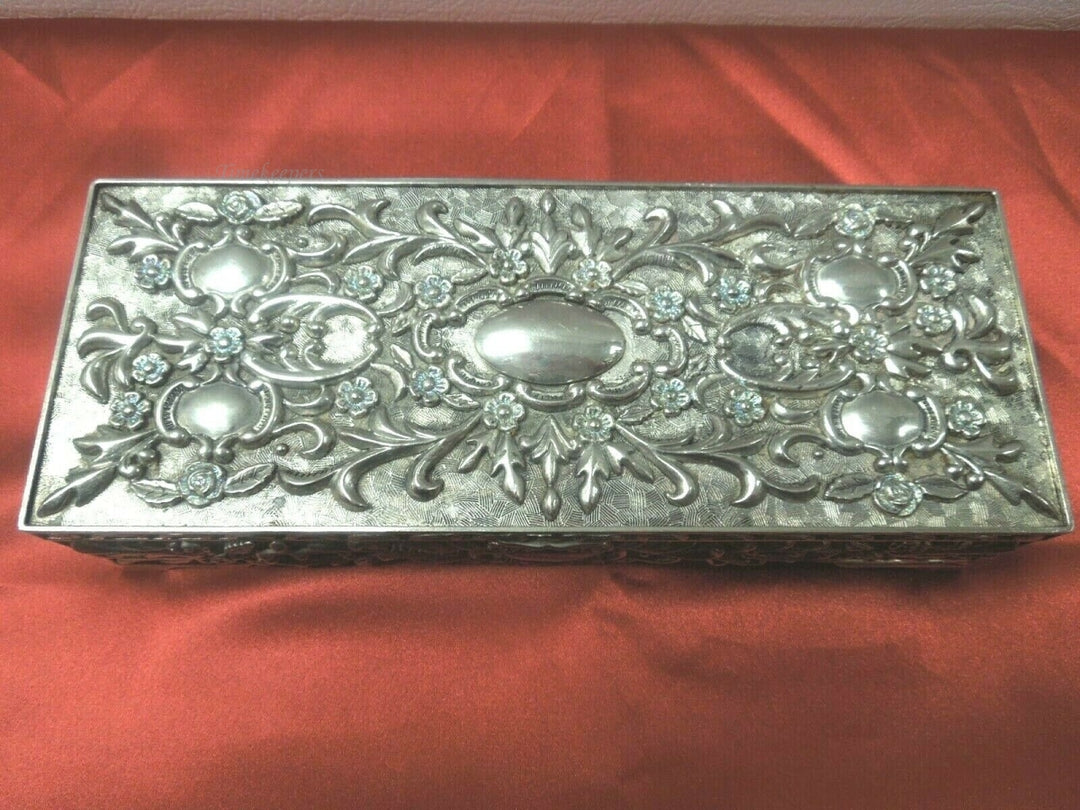 q692 Silver Plate Rectangular Jewelry Box Lined with mirror 9"X 3 3/4" X 2"