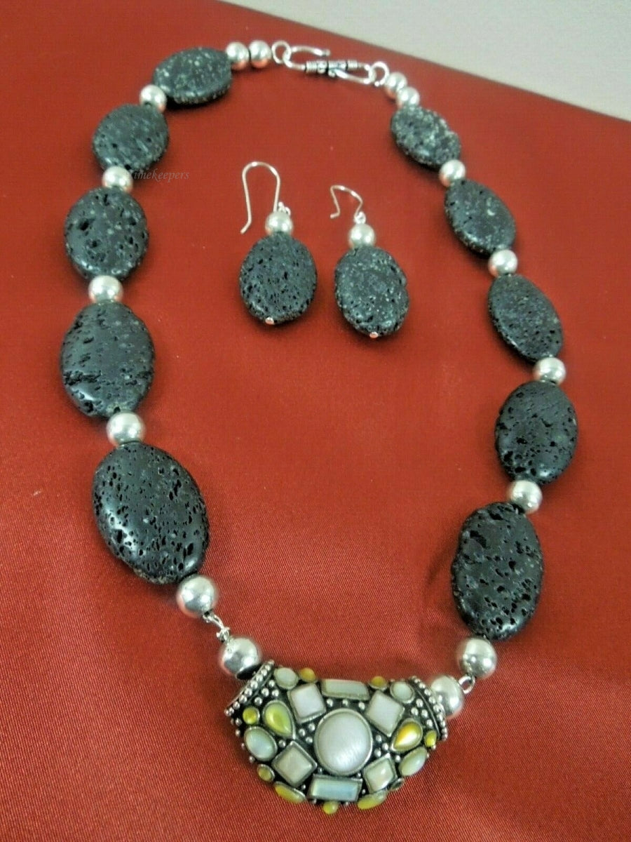 q780 Unique Black Lava Volcano Rock Sterling Silver Statement Necklace and Earrings Jewelry Set