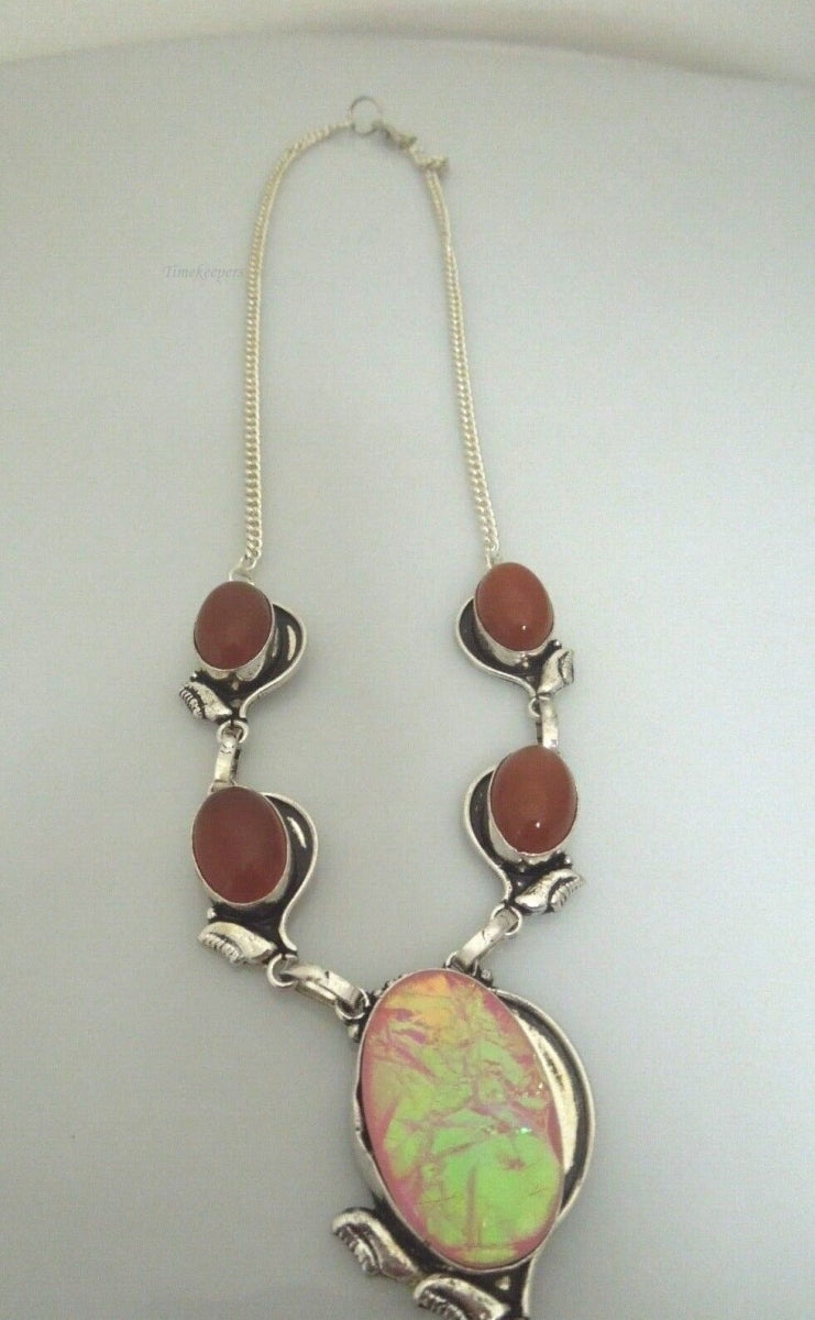 r623 Stunning Beautiful Necklace and Red Carnelian Gemstone and faux pink stone framed in Sterling Silver Pendant 20" 