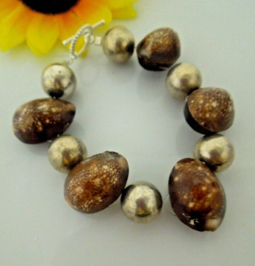 r824 Vintage Handmade Brown White Shell Wood Mounted SS Balls Bracelet Toggle Closure