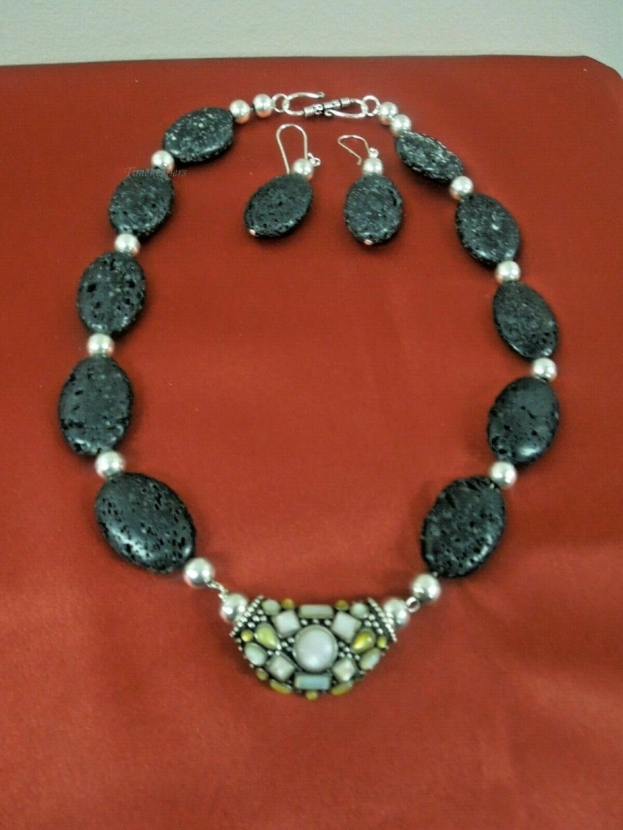 q780 Unique Black Lava Volcano Rock Sterling Silver Statement Necklace and Earrings Jewelry Set