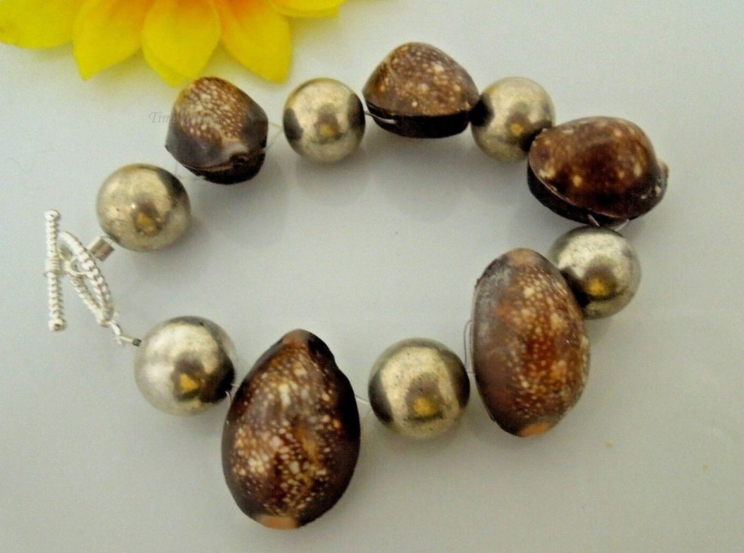 r824 Vintage Handmade Brown White Shell Wood Mounted SS Balls Bracelet Toggle Closure