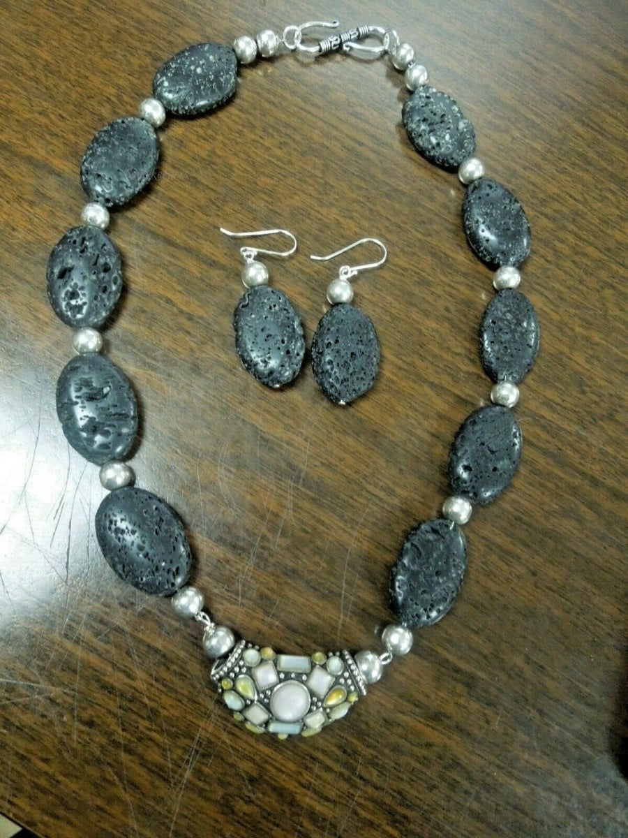 q780 Unique Black Lava Volcano Rock Sterling Silver Statement Necklace and Earrings Jewelry Set