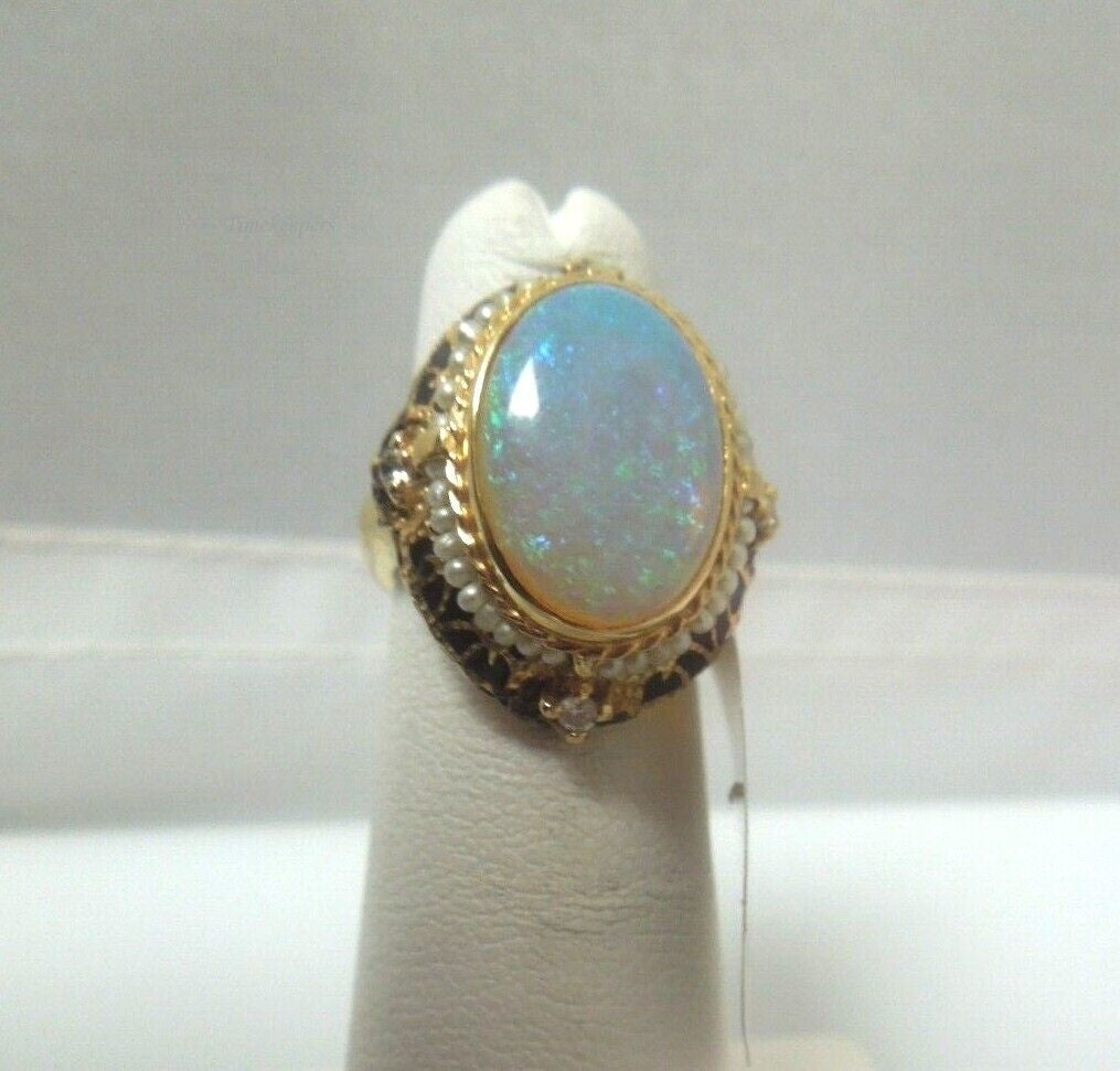 r798 Antique Victorian 14k Yellow Gold Opal & Seed Pearl Halo Filigree Ring Size 3.25(USA) Child Ring Signed 8g