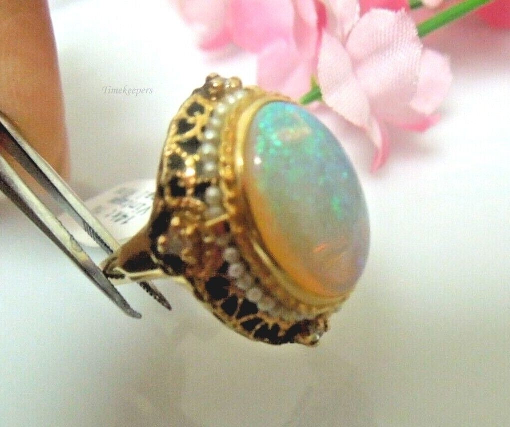 r798 Antique Victorian 14k Yellow Gold Opal & Seed Pearl Halo Filigree Ring Size 3.25(USA) Child Ring Signed 8g