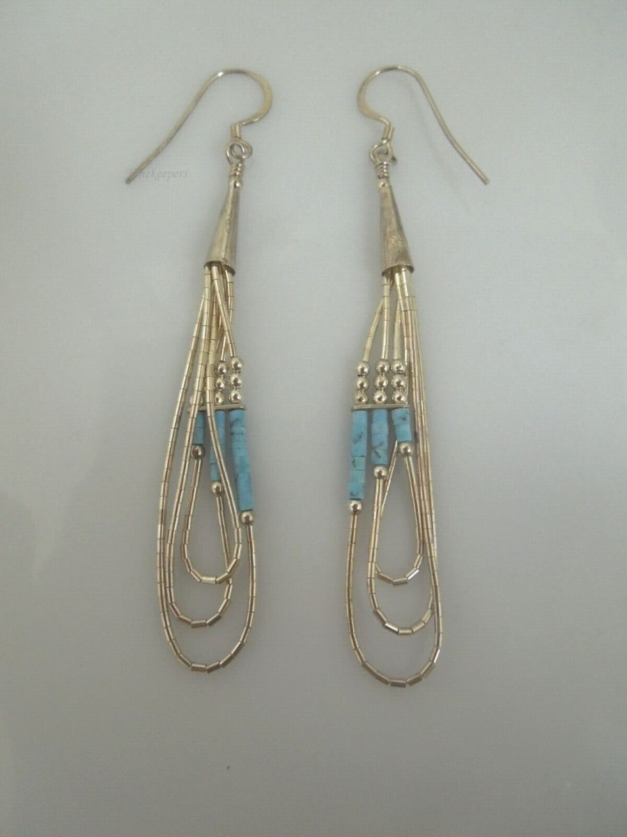 r465 Sterling Silver Tassel blue beads dangle Earrings Signed