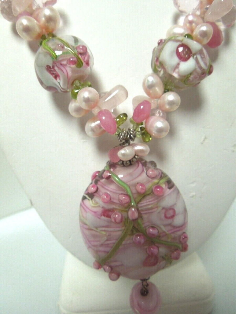 s030 Vintage Satin Baby Pink pearls hand Venetian Glass Pendant Beads Necklace with Sterling silver Clasp  