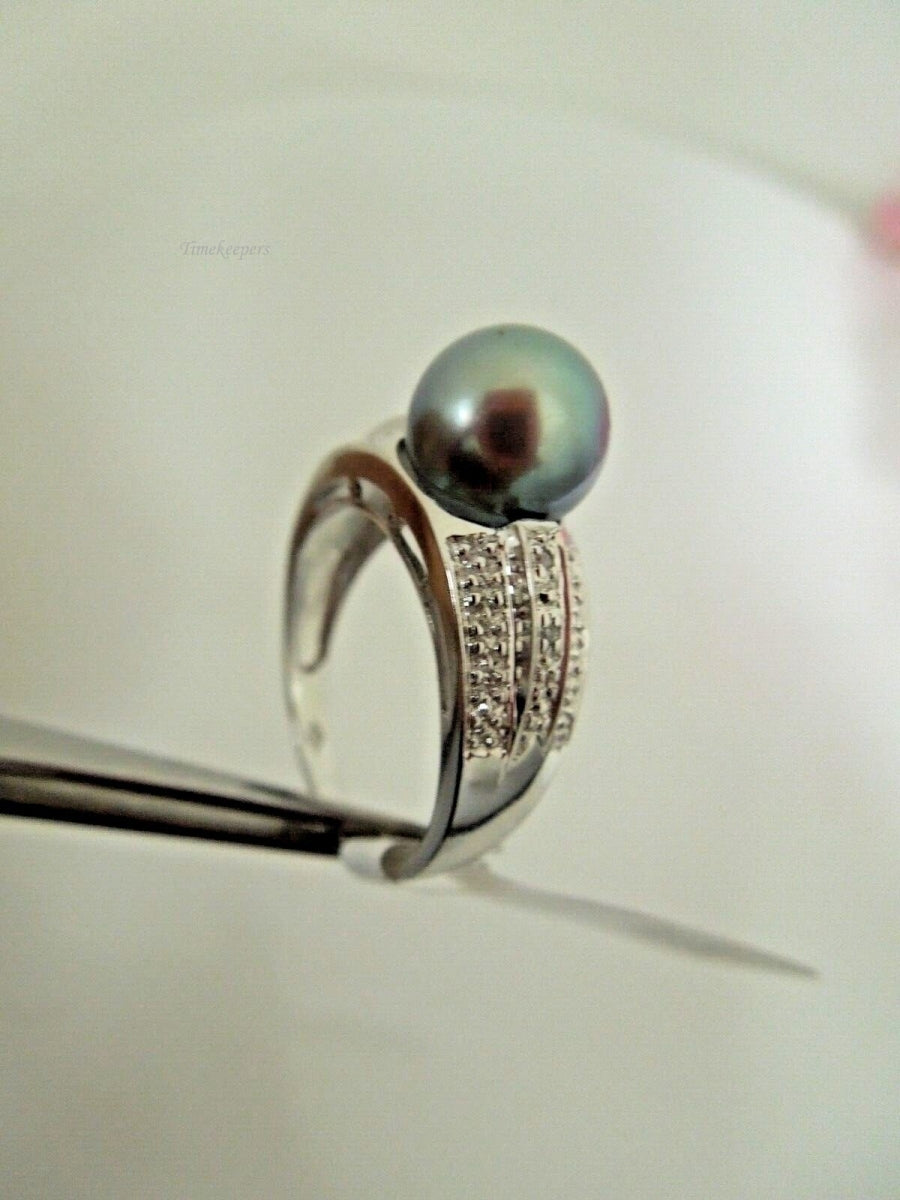 r926 14kt White Gold 9mm Tahitian Pearl and Diamond Ring Size 7 (USA) Signed 