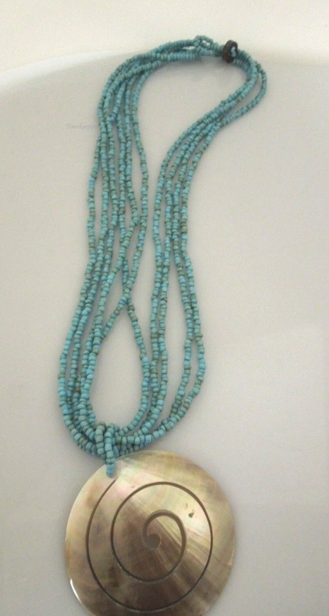 s066 Vintage Handmade Multi Strand Beaded Necklace Shell Pendant 27"