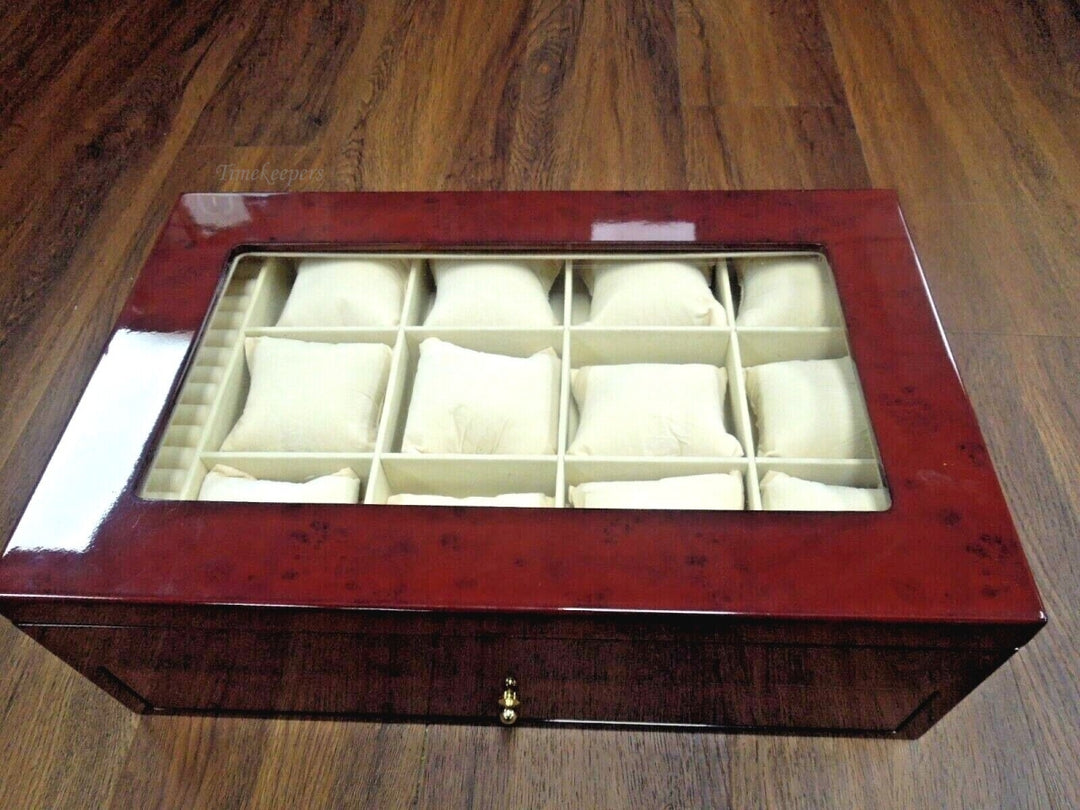 r345 Red Luxury Wooden Watch Box for 24 Watches/Bracelets, Rings W/ Hand Made Pillows