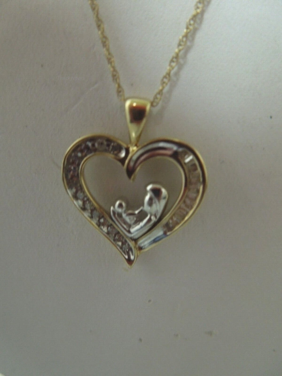 r521 10kt White Yellow Gold Mother and Baby Heart Pendant Chain Necklace Signed 20"