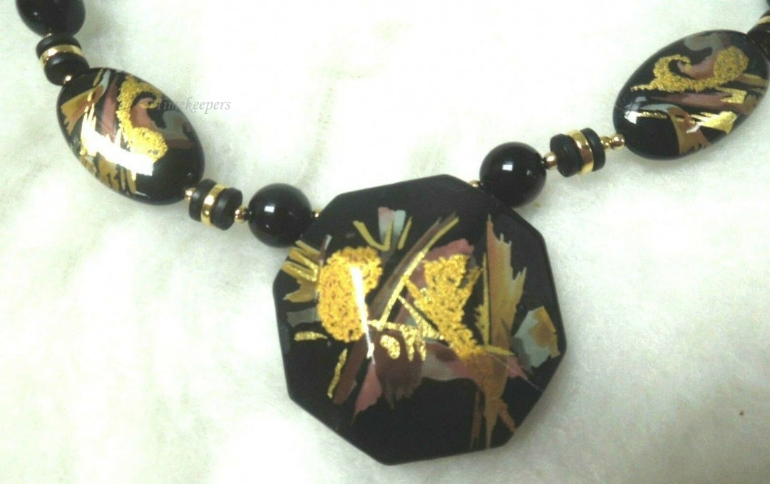 q592 Vintage Black Beaded Necklace Japan Signed Pendant Gold Accents Estate 18"