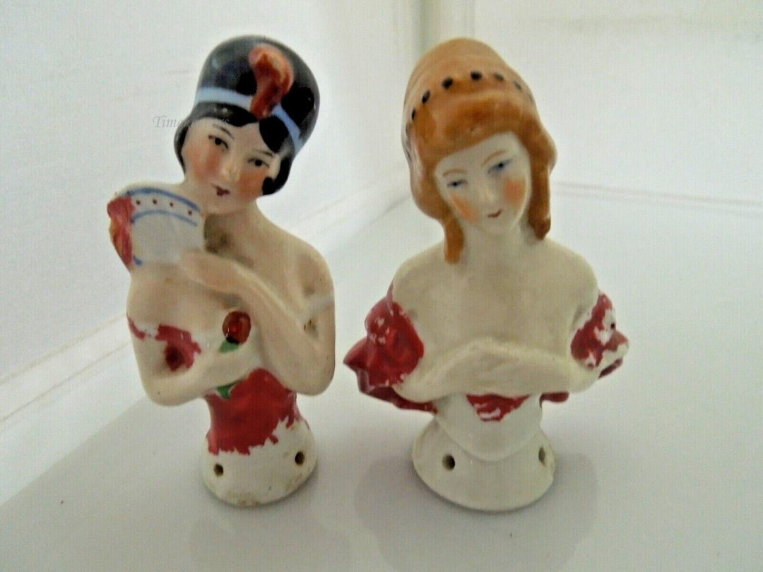 r559 Lot of 2 Half Doll White and Red Lady Woman Pin Cushion Porcelain Ceramic Vtg Old Germany